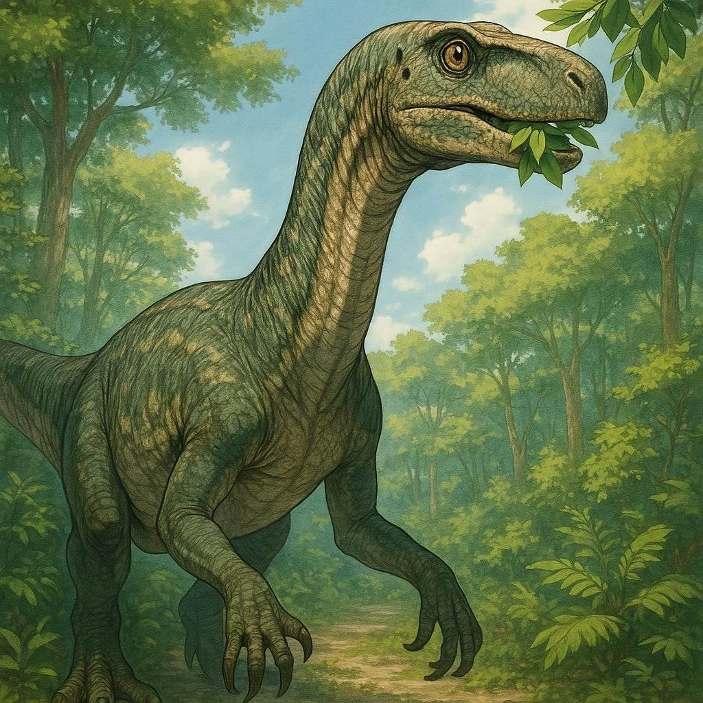 Ilustración de un Plateosaurus herbívoro de cuello largo comiendo hojas de un arbusto en un bosque del Triásico.