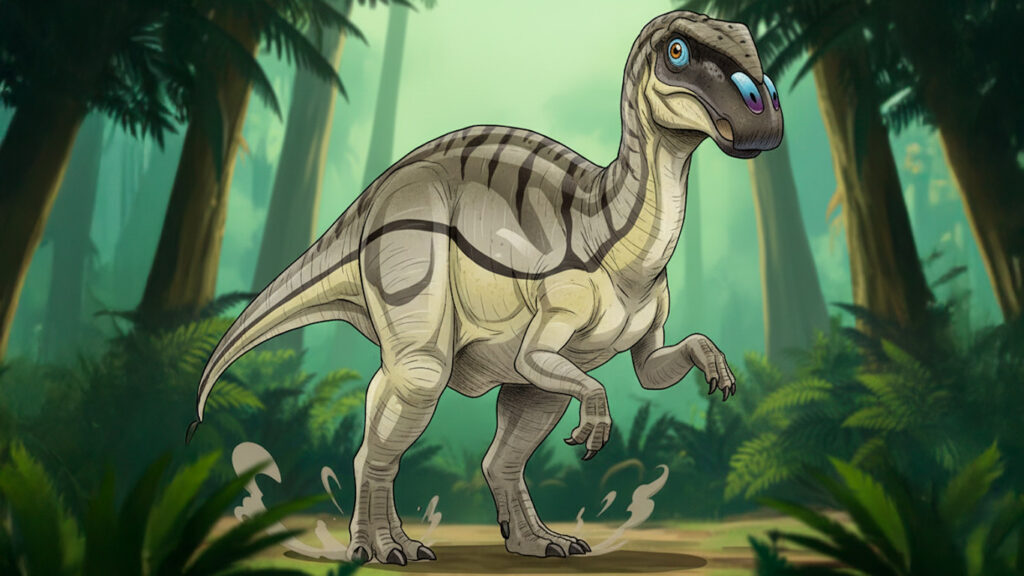 Ilustración del Anatotitan, dinosaurio hadrosaurio gigante del Cretácico con característico pico plano alimentándose
