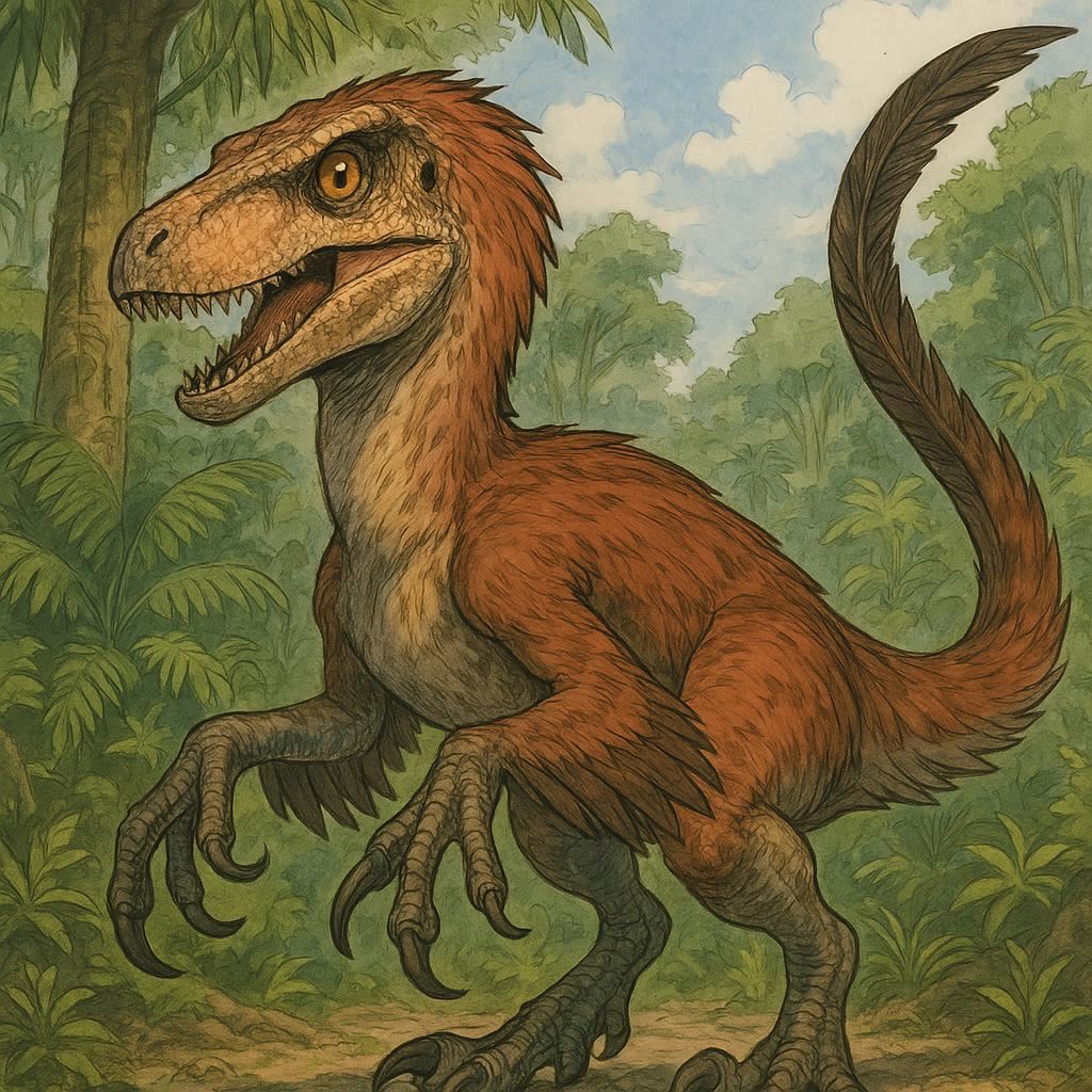 Ilustración realista de un Deinonychus adulto con plumas marrones y una gran garra retráctil en su pata, mostrando una postura de caza.