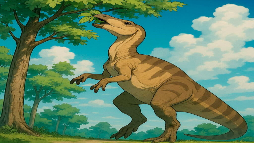 Edmontosaurio Comiendo Hojas de Árbol: Ilustración de Dinosaurio Herbívoro