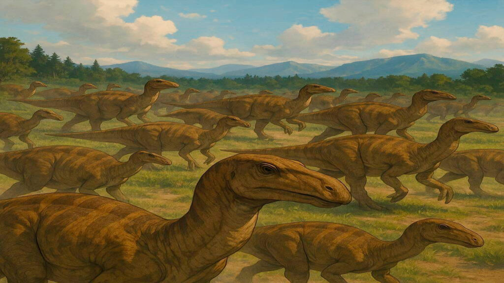 Manada de Edmontosaurios Migrando: Grandes Herbívoros Prehistóricos