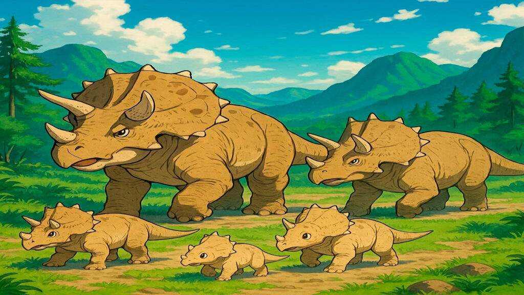 Grupo familiar Triceratops adultos y juveniles migrando juntos por valle Cretácico
