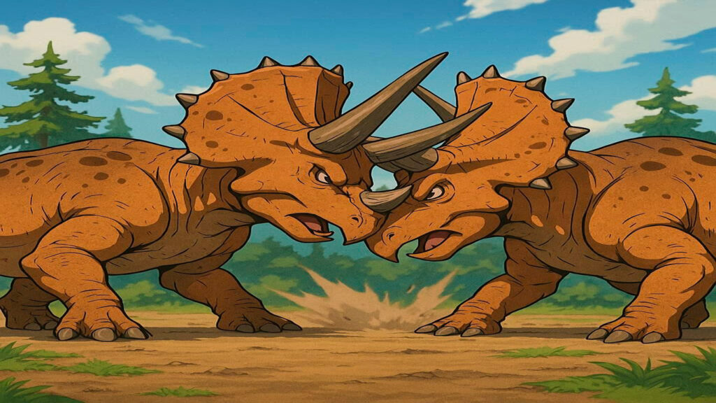 Dos Triceratops luchando chocando cuernos y escudos óseos en combate territorial