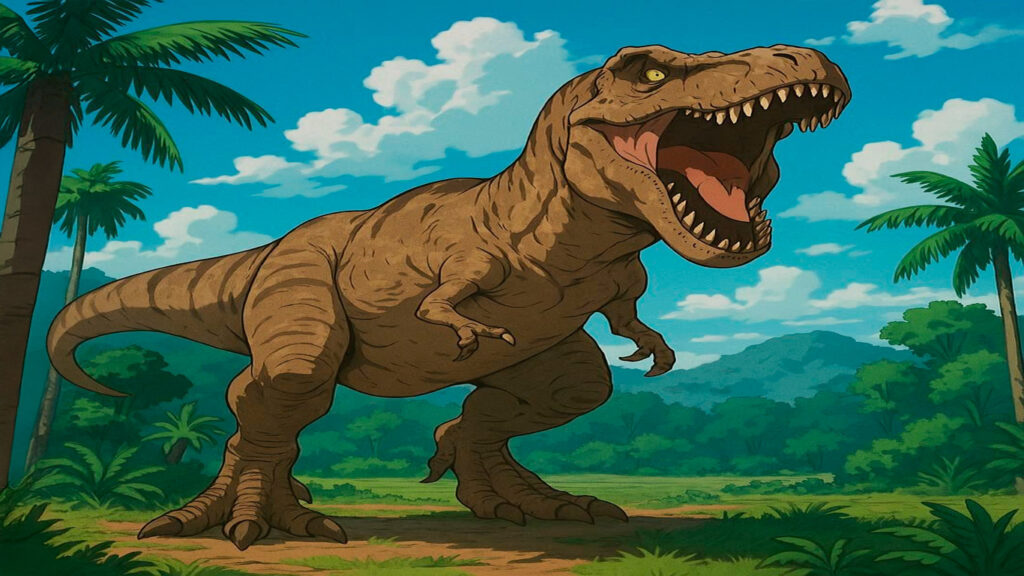 Tiranosaurio Rex rugiendo en paisaje cretácico