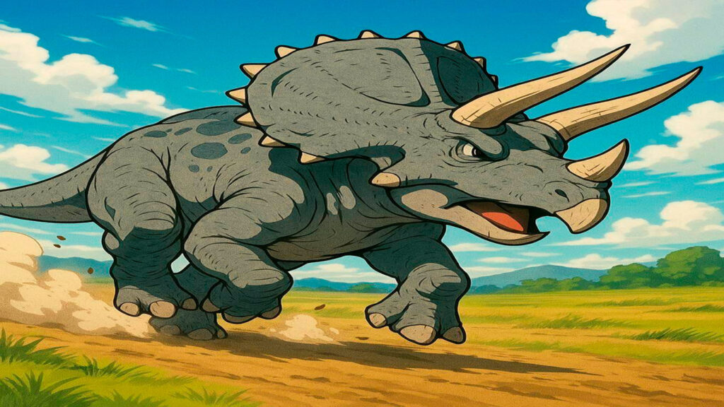 Triceratops corriendo velozmente por llanura del Cretácico mostrando su locomoción cuadrúpeda