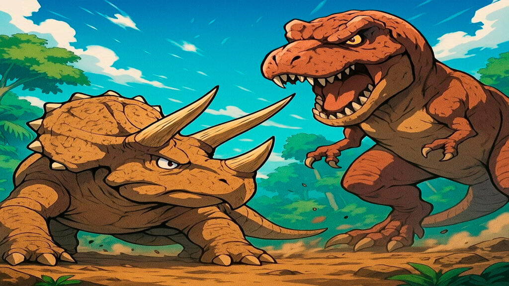 Triceratops en postura defensiva con cuernos apuntando contra Tyrannosaurus rex atacante
