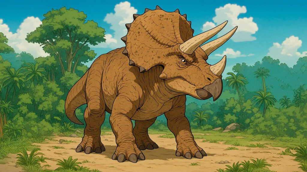 Triceratops adulto mostrando sus tres cuernos característicos y escudo óseo