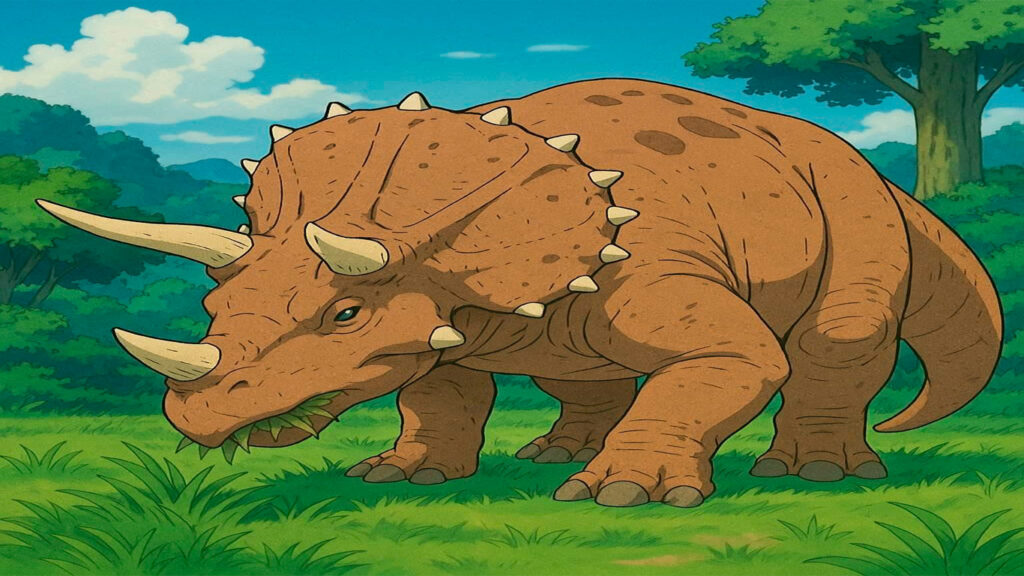 Ilustración de un Triceratops adulto pastando tranquilamente en un bosque del Cretácico