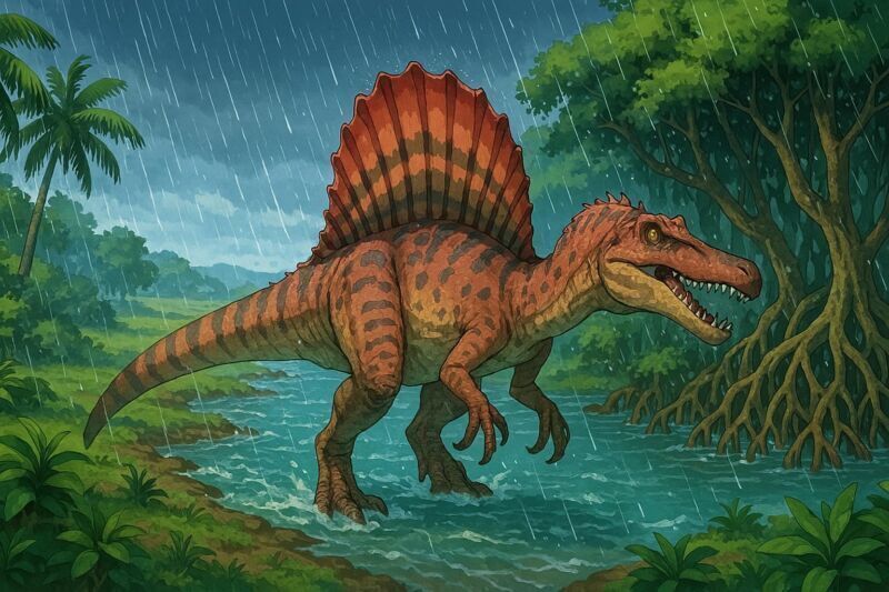 Hábitat del Spinosaurus aegyptiacus en el Cretácico con ríos tropicales y manglares del norte de África