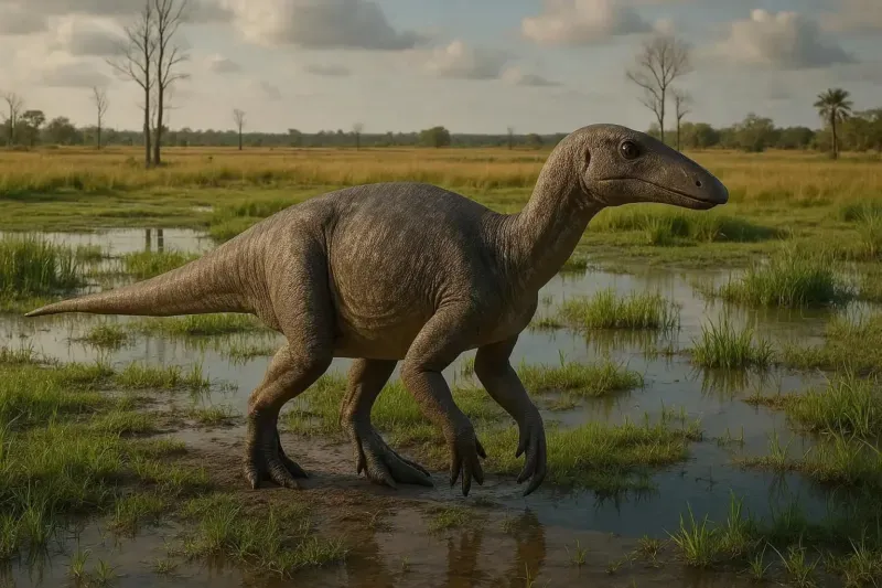 Ilustración fotorrealista de Aashislesaurus wimani, un dinosaurio sauropodomorfo basal, caminando por un humedal herboso bajo un cielo nublado, con árboles esqueléticos al fondo.