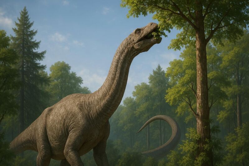 Representación artística de un Brontosaurio (anteriormente Apatosaurus) de cuello largo y cola 'gruesa', alimentándose de la exuberante vegetación del período Jurásico, quizás un helecho.