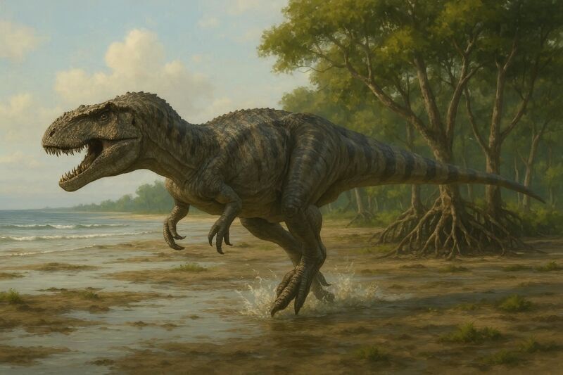 Carcharodontosaurus saharicus cazando en las llanuras del norte de África durante el período Cretácico