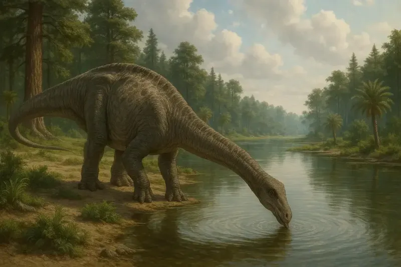 Diplodocus gigante de cuello largo bebiendo tranquilamente en un lago o río del bosque, 'era Jurásica'.