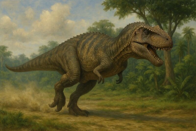 Giganotosaurus carolinii corriendo a través de llanuras aluviales con bosques subtropicales de la Patagonia durante el Cretácico Superior