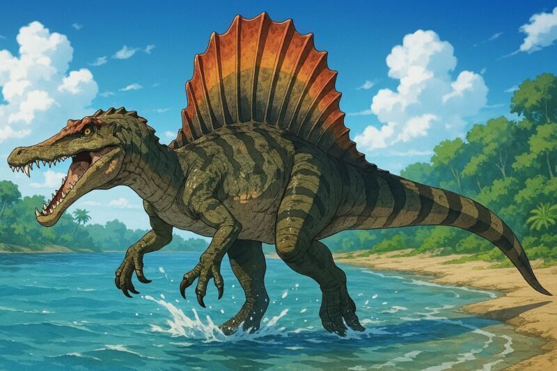 Spinosaurus aegyptiacus en su hábitat natural de ríos tropicales del Cretácico en el norte de África
