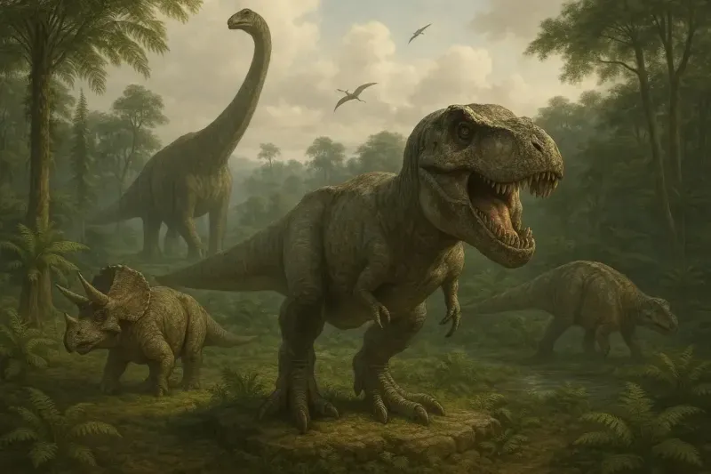 jurásico dinosaurios illustración de dinosaurios del Jurásico incluyendo Brachiosaurus, Stegosaurus y Allosaurus en un paisaje del período Mesozoico con vegetación de coníferas y helechos