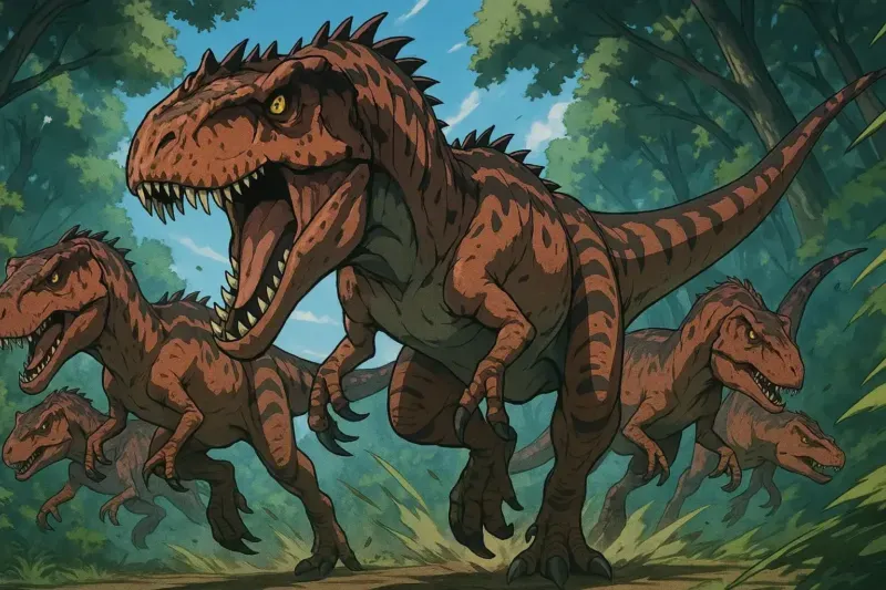 Mapusaurus roseae cazando en grupo, dinosaurios más peligrosos de la Patagonia con 12 metros de longitud y comportamiento cooperativo del Cretácico