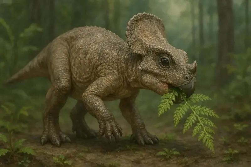 Un pequeño Microceratops (o Microceratus) con su 'pequeña' gola y pico, comiendo plantas bajas en el árido desierto del Gobi durante el período Cretácico.