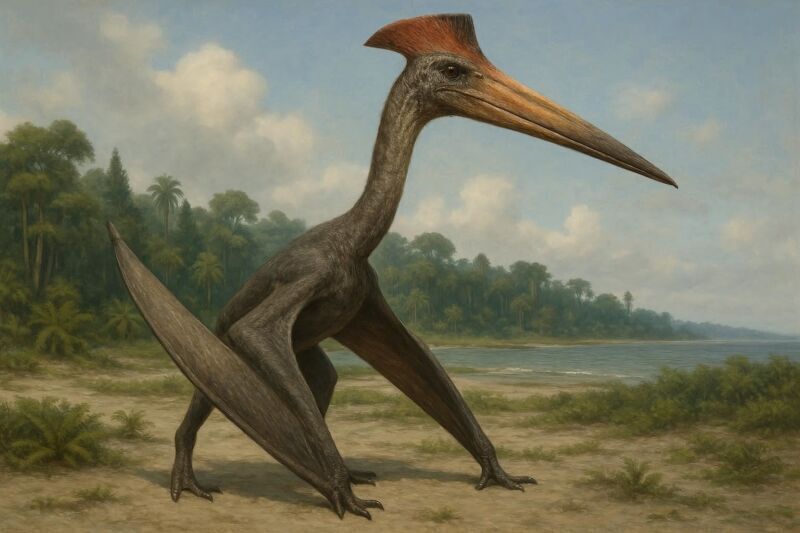 Quetzalcoatlus: El Reptil Volador Más Grande del Mundo Elevándose sobre Bosques Costeros