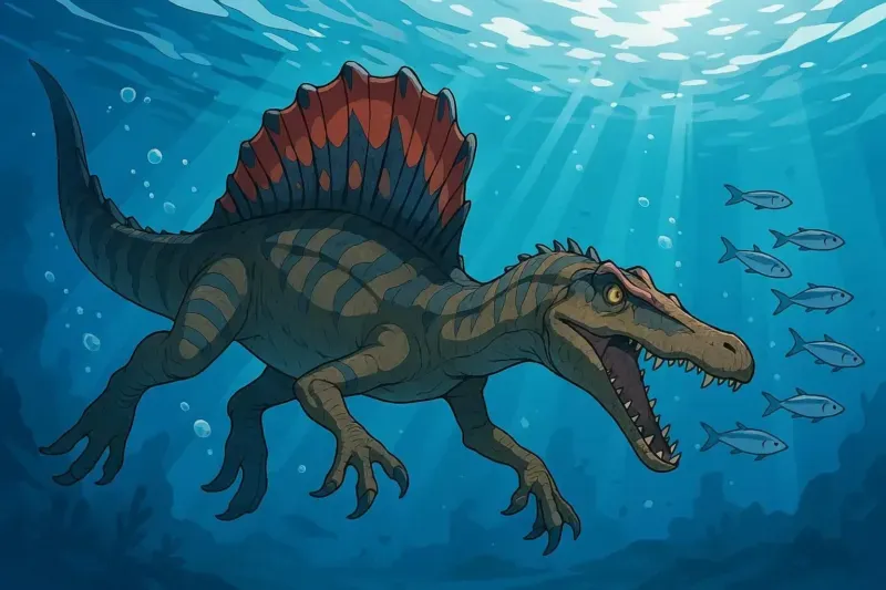 Spinosaurus aegyptiacus, el único dinosaurio acuático conocido, vadeando en aguas poco profundas para cazar peces en ríos del norte de África hace 100-95 millones de años