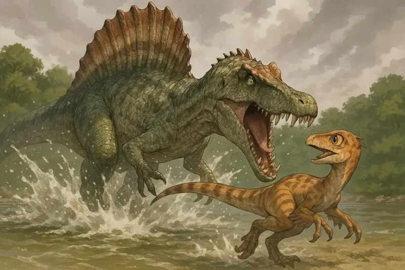 Ilustración de Spinosaurus aegyptiacus cazando presa menor en las orillas de un río del norte de África durante el período Cretácico