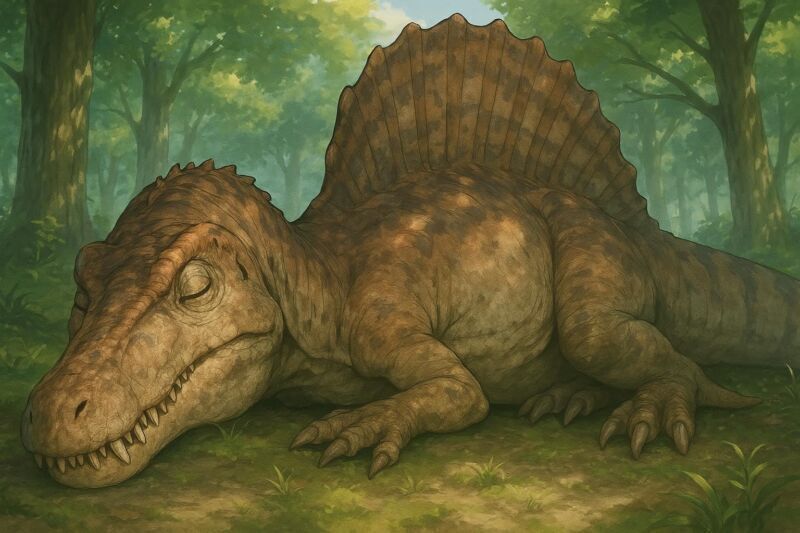Ilustración de Spinosaurus descansando en tierra firme junto a un río del Cretácico tras la caza