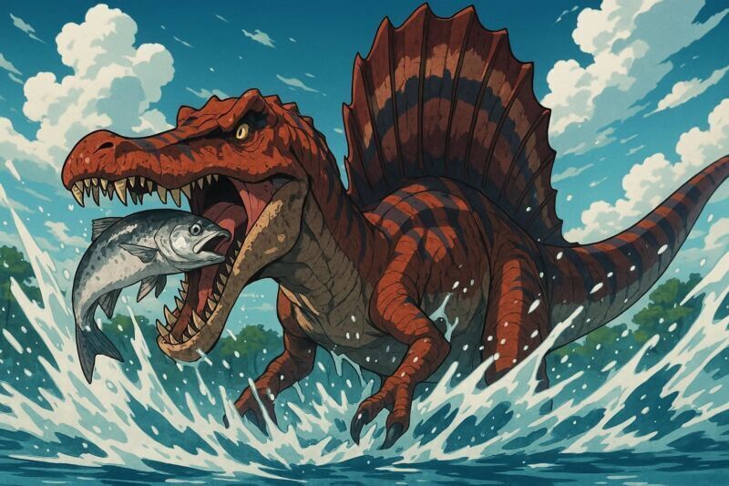 Spinosaurus aegyptiacus cazando en río, uno de los dinosaurios más peligrosos del Cretácico con 15 metros de longitud y vela dorsal distintiva