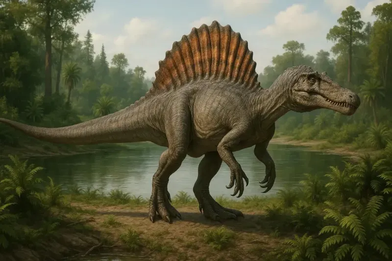 Spinosaurus patrullando la orilla pantanosa con su vela dorsal visible y cola en forma de remo en el Cretácico africano