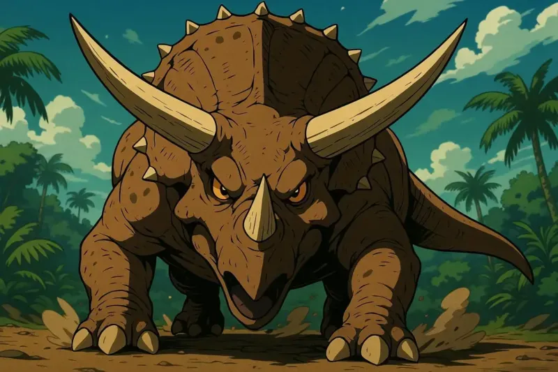 Triceratops horridus en posición de carga, dinosaurio más peligroso herbívoro con 9 metros, 12 toneladas y tres cuernos letales del Cretácico tardío