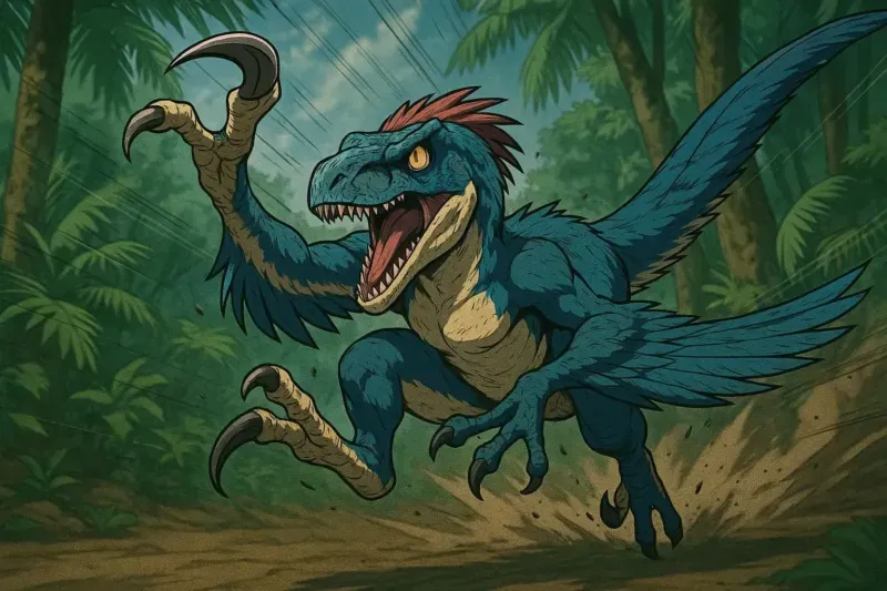 Utahraptor ostrommaysorum atacando con garra en hoz, dinosaurio carnívoro más peligroso entre raptores con 7 metros del Cretácico temprano hace 139-125 millones de años